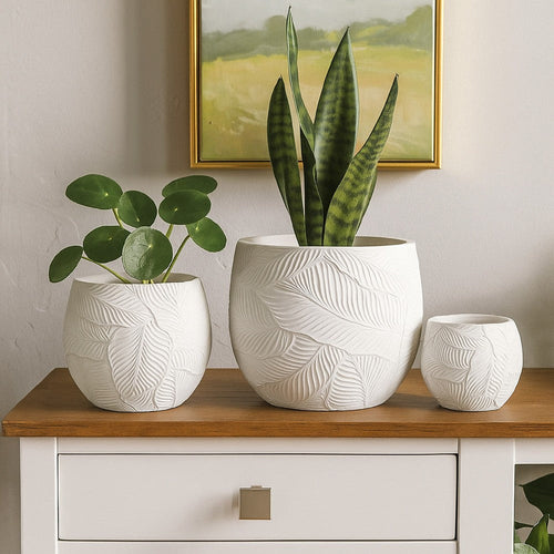 Sally Planter Set of 3 | Round Intricate Leaf White Resin 17 | 13 | 9"