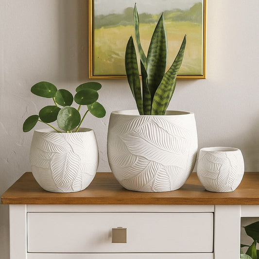 Sally Planter Set of 3 | Round Intricate Leaf White Resin 17 | 13 | 9"