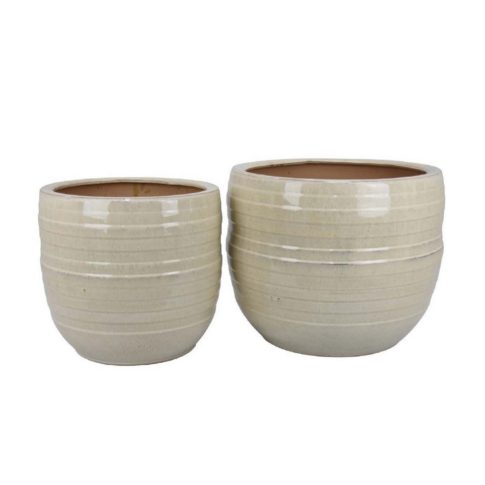 Paulo Barrel Planter Set of 2 | Raised Ribbed Beige Ceramic 19 | 15"
