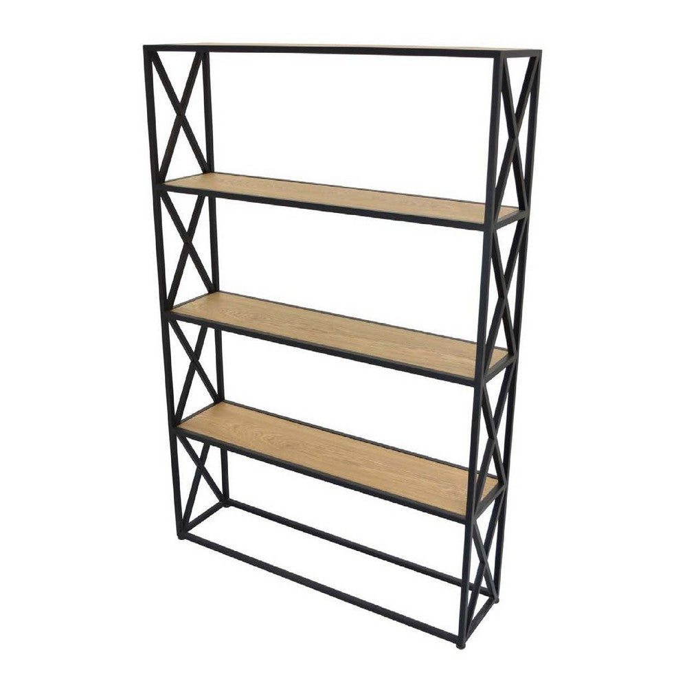 Lewy Plant Stand | X-Cross Sides | 4 Tier Wood Shelves | Black Metal BM335049