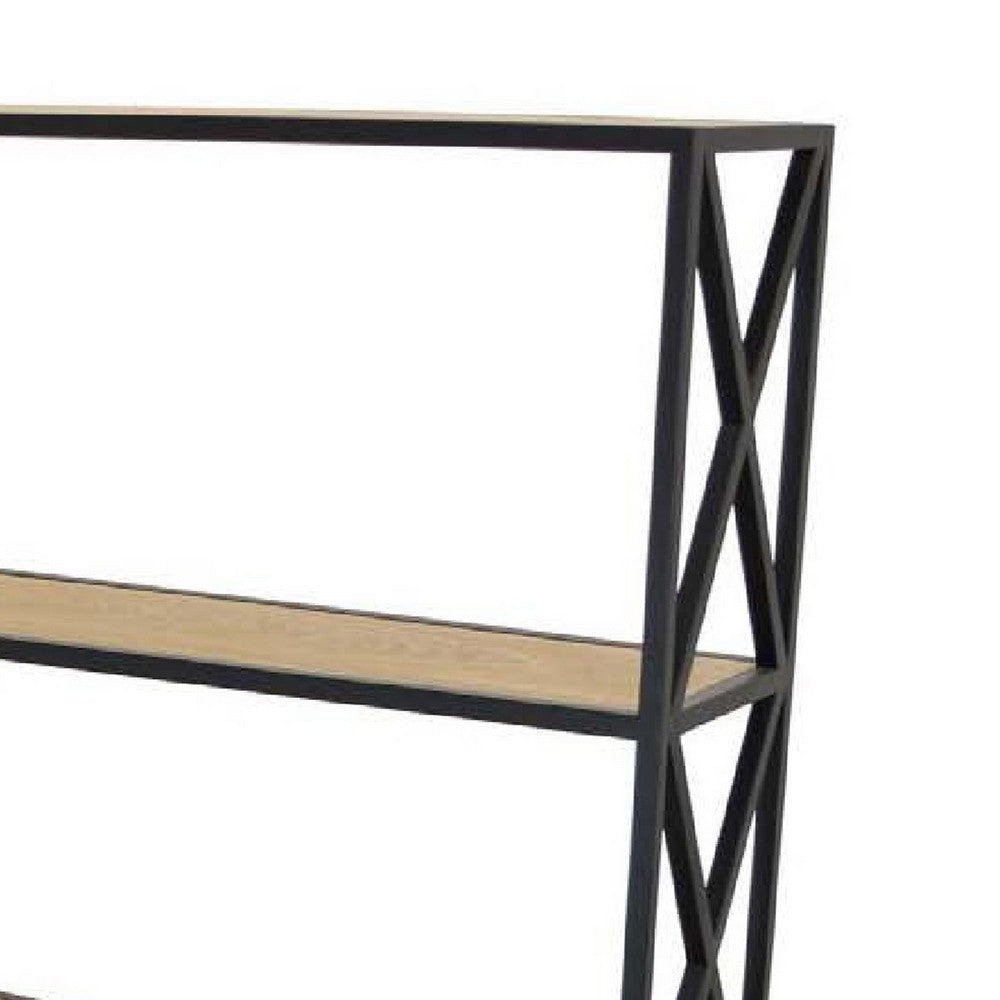 Lewy Plant Stand | X-Cross Sides | 4 Tier Wood Shelves | Black Metal BM335049
