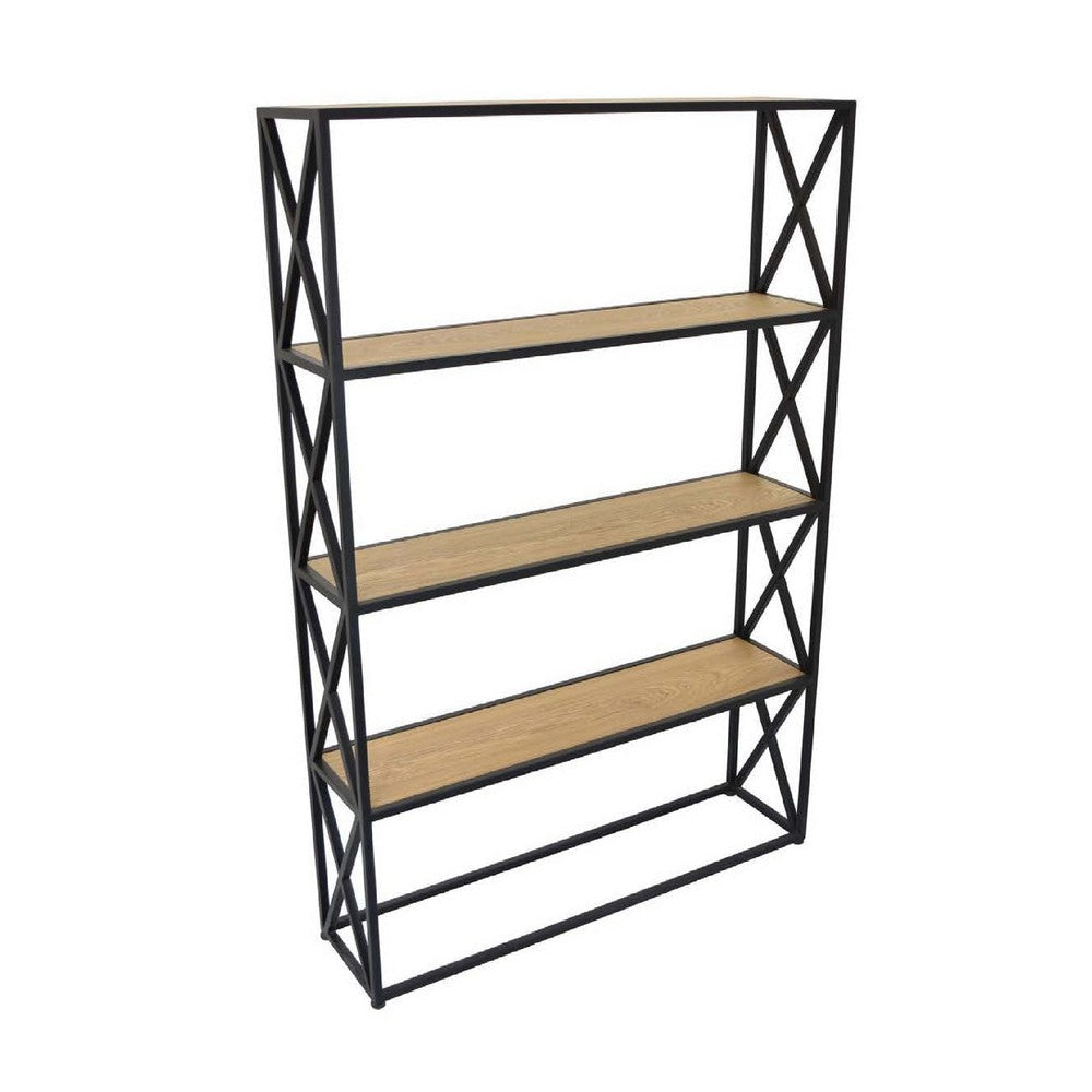 Lewy Plant Stand | X-Cross Sides | 4 Tier Wood Shelves | Black Metal