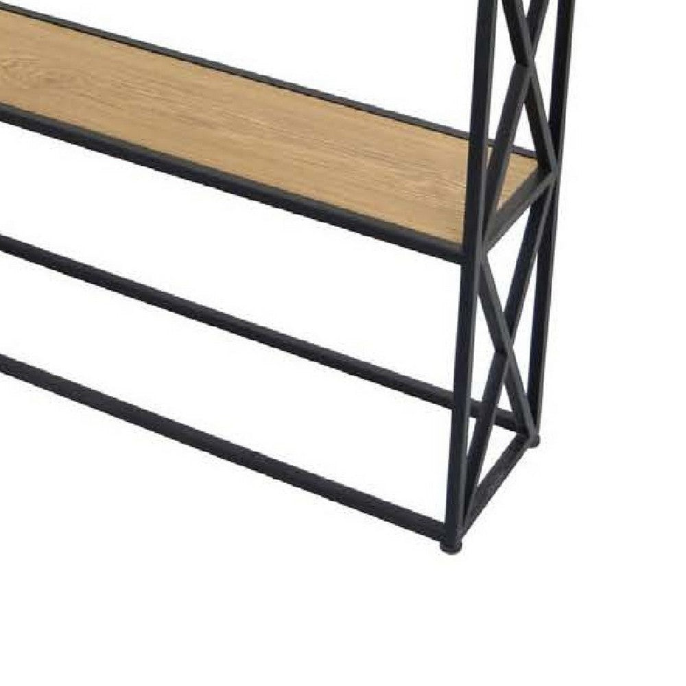 Lewy Plant Stand | X-Cross Sides | 4 Tier Wood Shelves | Black Metal BM335049