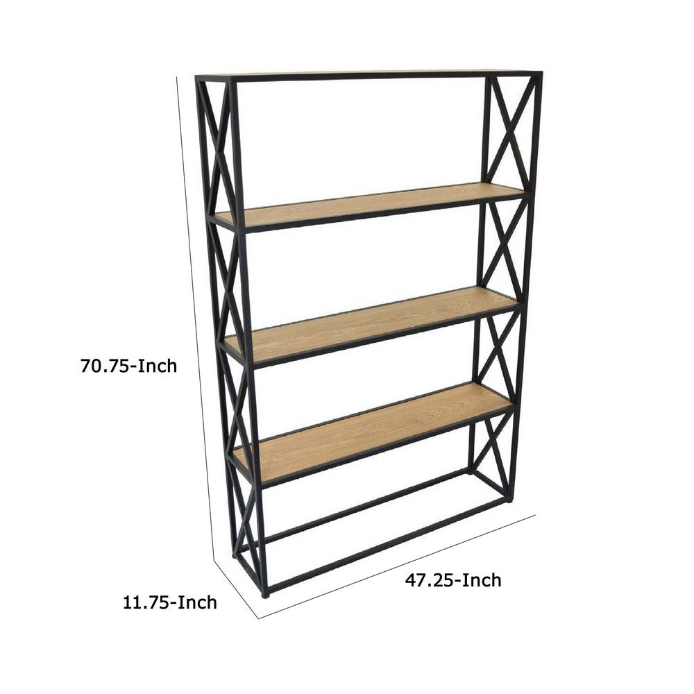 Lewy Plant Stand | X-Cross Sides | 4 Tier Wood Shelves | Black Metal BM335049