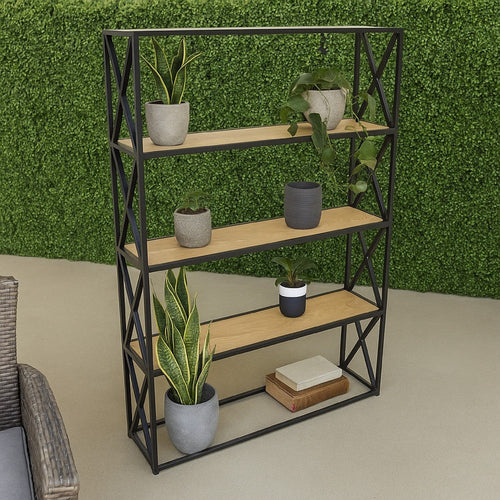 Lewy Plant Stand | X-Cross Sides | 4 Tier Wood Shelves | Black Metal