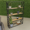 Lewy Plant Stand | X-Cross Sides | 4 Tier Wood Shelves | Black Metal