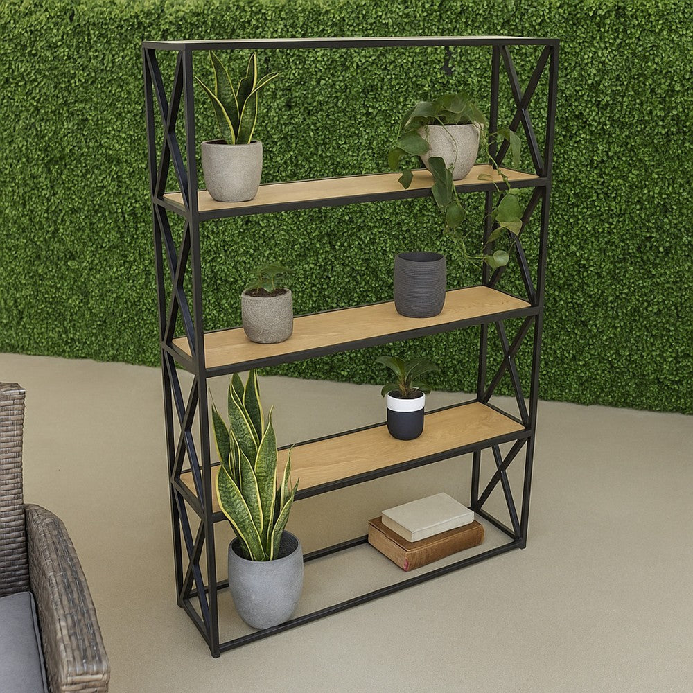 Lewy Plant Stand | X-Cross Sides | 4 Tier Wood Shelves | Black Metal