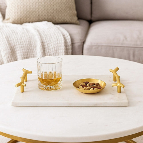 Pammy Decorative Tray | Gold Branch-Like Handles | White Marble 16"