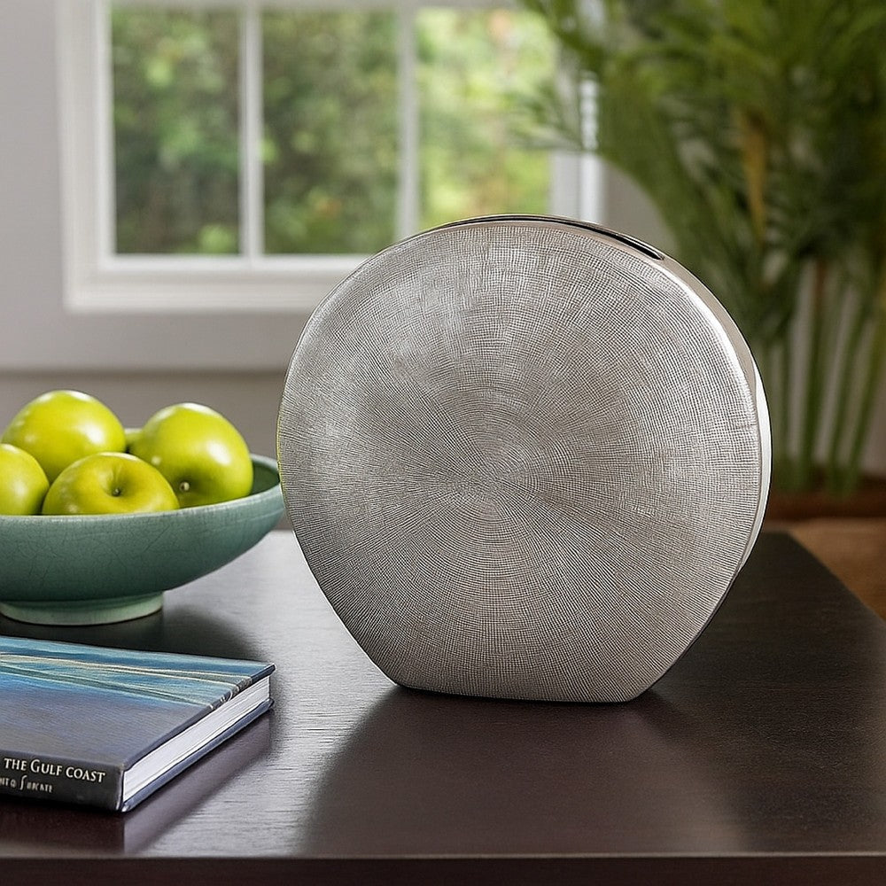 Harvey Accent Vase | Metallic Texture | Flat Round Gray Ceramic 15"