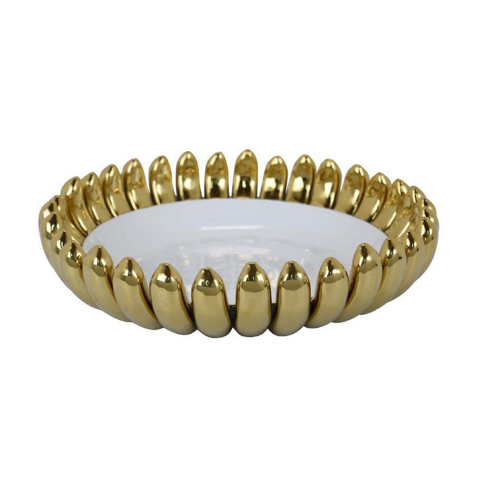 Milly Decorative Bowl | Raised Petal Rim | Gold White Ceramic 16’’