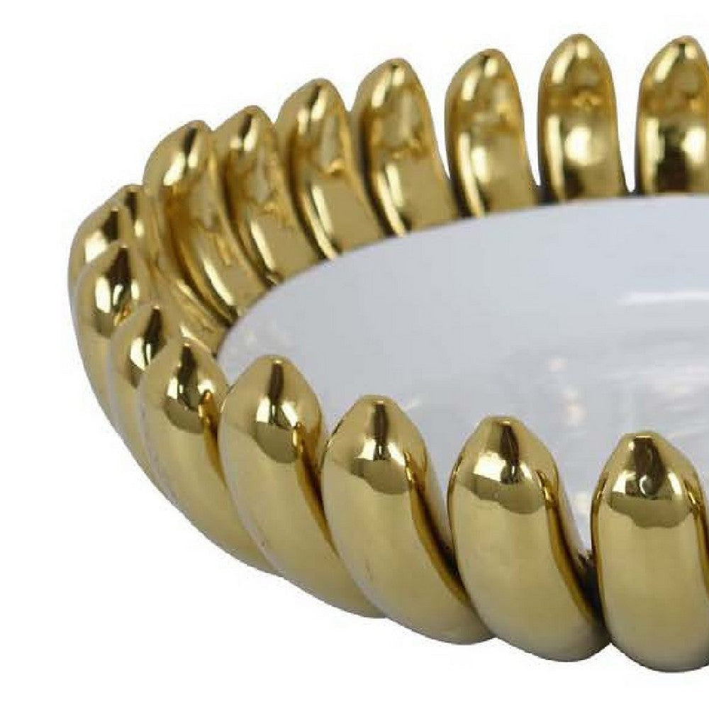 Milly Decorative Bowl | Raised Petal Rim | Gold White Ceramic 16’’