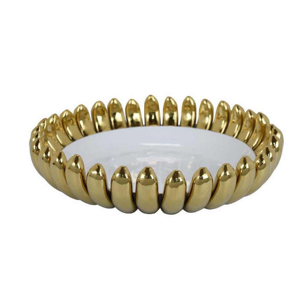 Milly Decorative Bowl | Raised Petal Rim | Gold White Ceramic 16"