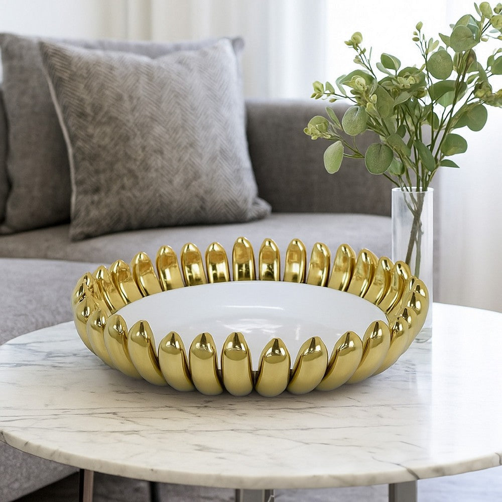 Milly Decorative Bowl | Raised Petal Rim | Gold White Ceramic 16"