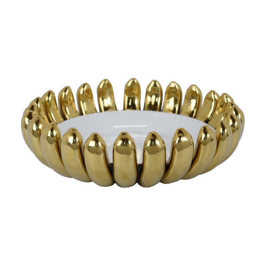 Milly Decorative Bowl | Raised Petal Rim | Gold White Ceramic 15’’