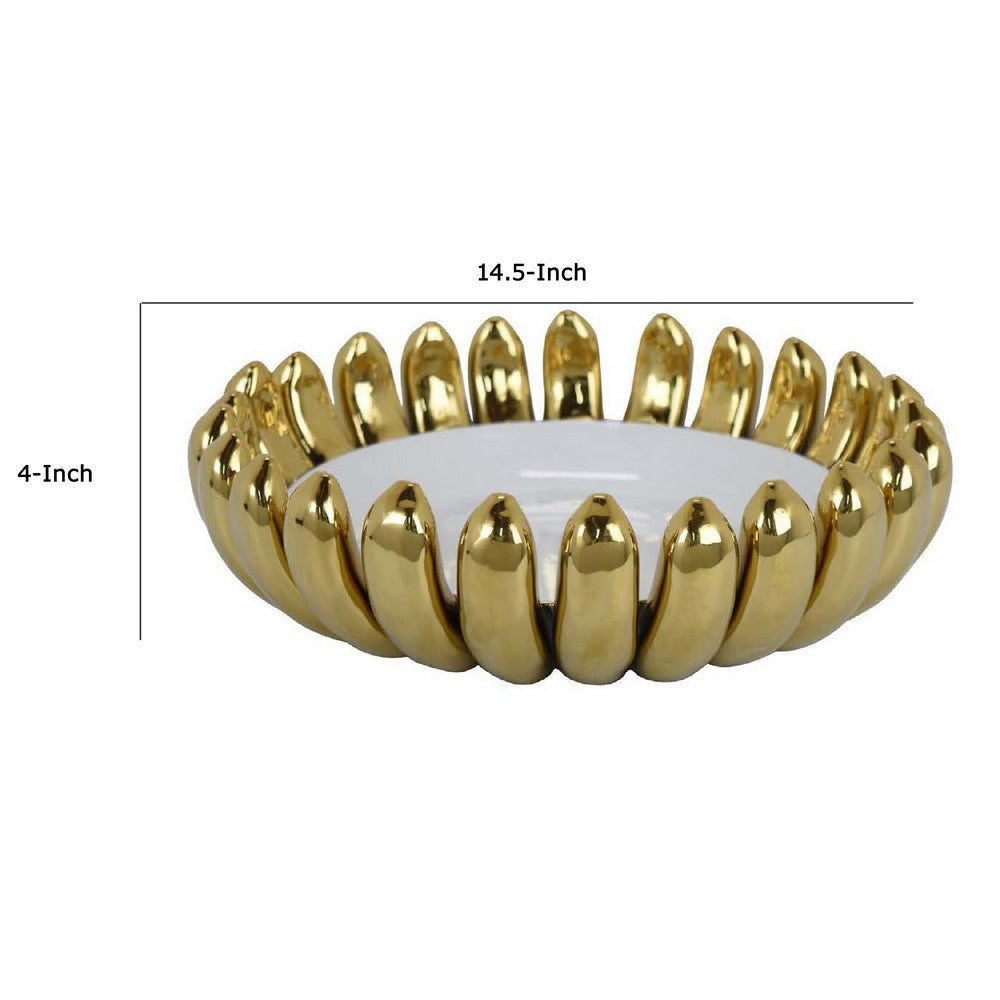 Milly Decorative Bowl | Raised Petal Rim | Gold White Ceramic 15’’