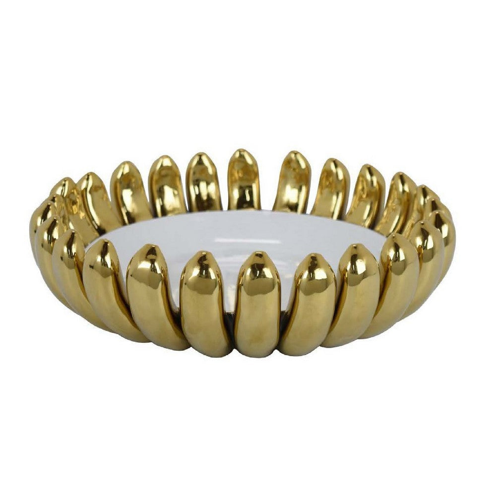 Milly Decorative Bowl | Raised Petal Rim | Gold White Ceramic 15"