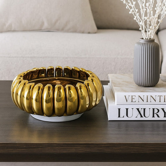 Milly Decorative Bowl | Raised Petal Rim | Gold Metallic Ceramic 13"