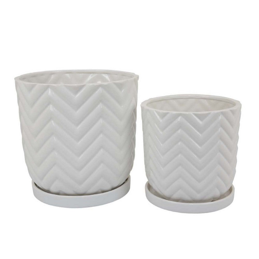 Camie Planter Set of 2 | Saucers | Chevron Wave Pattern White Ceramic BM335057