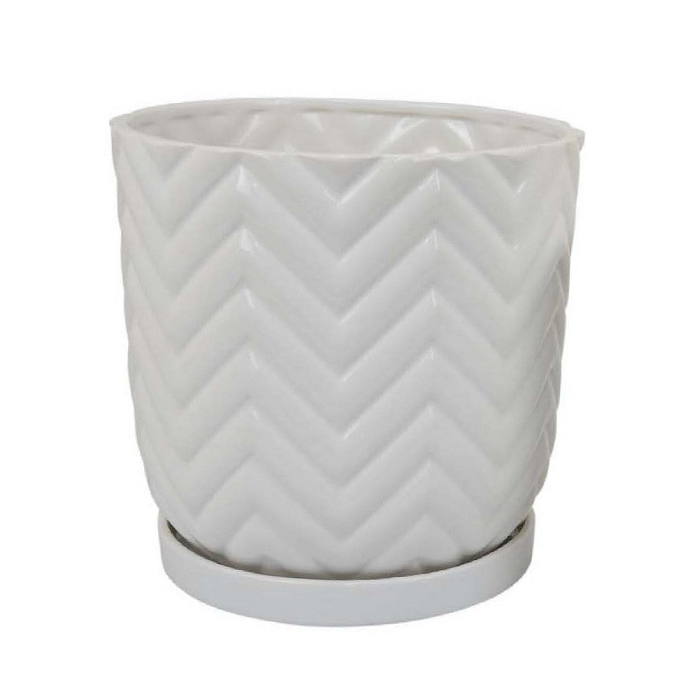 Camie Planter Set of 2 | Saucers | Chevron Wave Pattern White Ceramic BM335057
