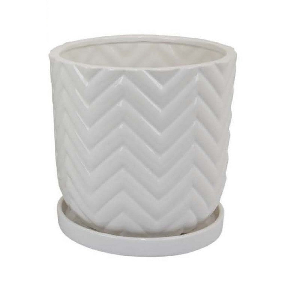 Camie Planter Set of 2 | Saucers | Chevron Wave Pattern White Ceramic BM335057