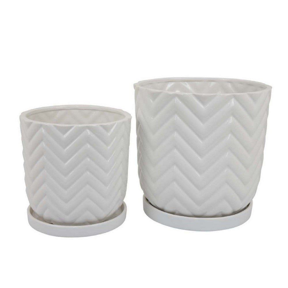 Camie Planter Set of 2 | Saucers | Chevron Wave Pattern White Ceramic