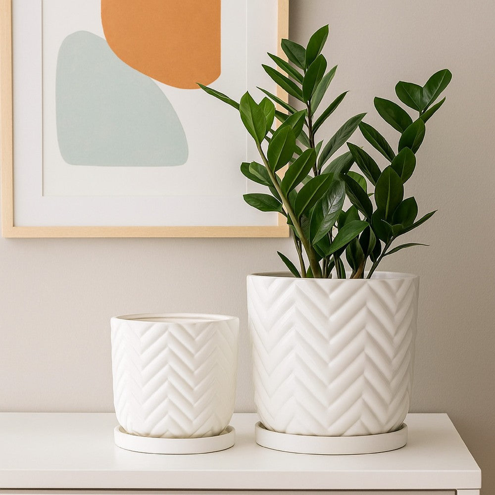 Camie Planter Set of 2 | Saucers | Chevron Wave Pattern White Ceramic