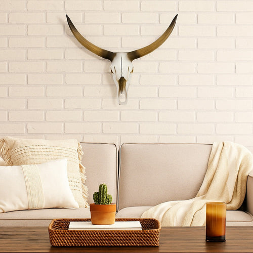 Kriya Accent Sculpture | Longhorn Bull Skull | White Resin 19"