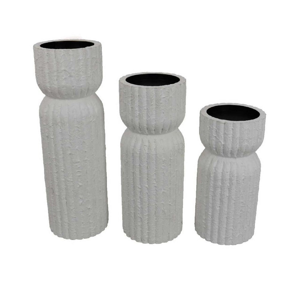 Solano Tall Candleholder Set of 3, Ribbed Texture, White Carved Wood