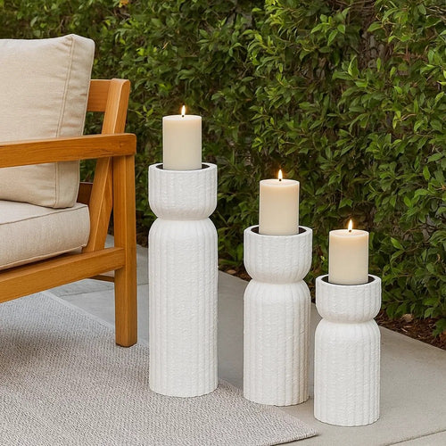 Solano Tall Candleholder Set of 3, Ribbed Texture, White Carved Wood