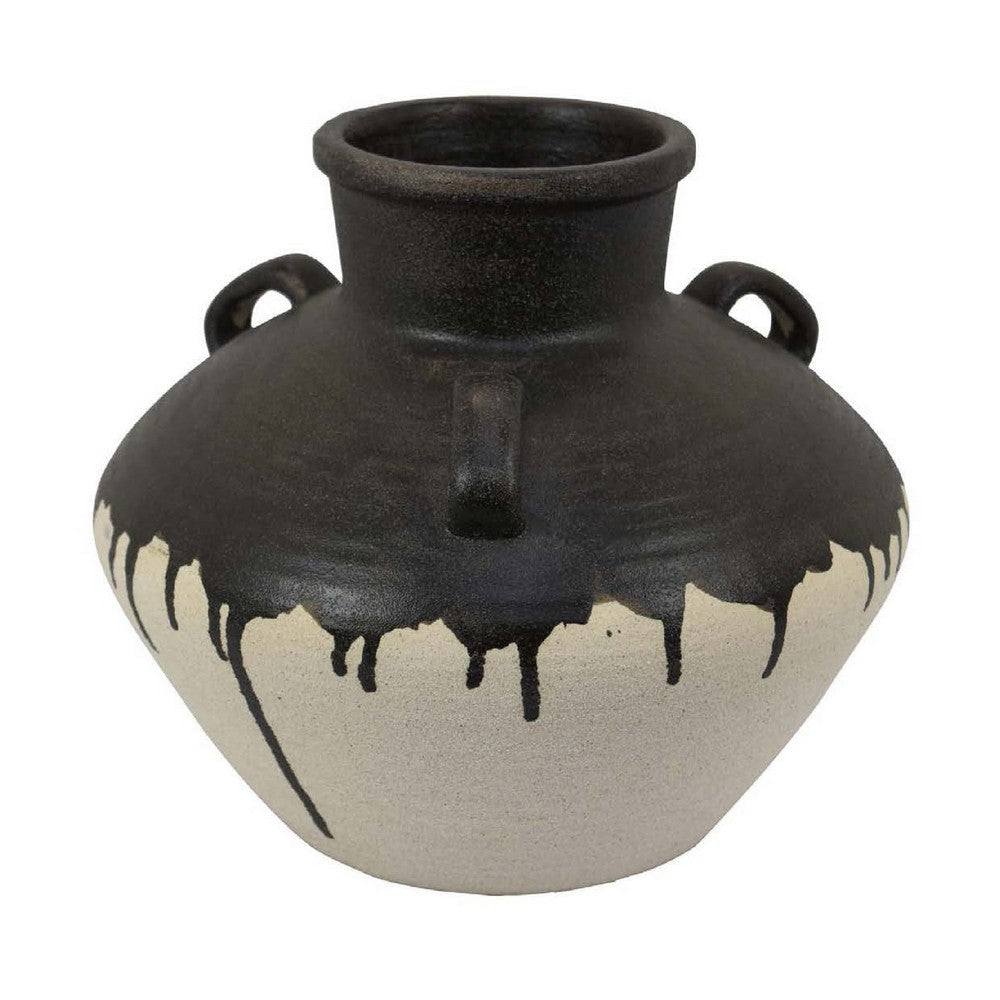 Caleb Accent Vase w Drip Pattern | Angled Handles Black Gray Ceramic BM335074
