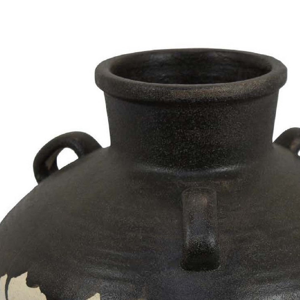 Caleb Accent Vase w Drip Pattern | Angled Handles Black Gray Ceramic BM335074