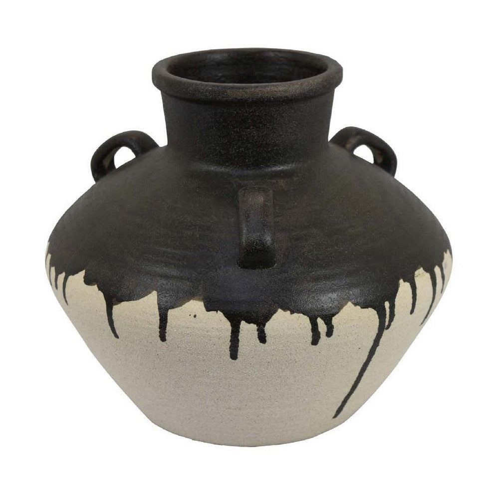 Caleb Accent Vase w Drip Pattern | Angled Handles Black Gray Ceramic