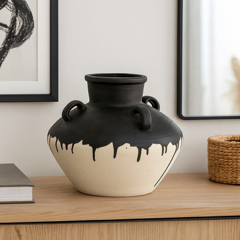 Caleb Accent Vase w Drip Pattern | Angled Handles Black Gray Ceramic