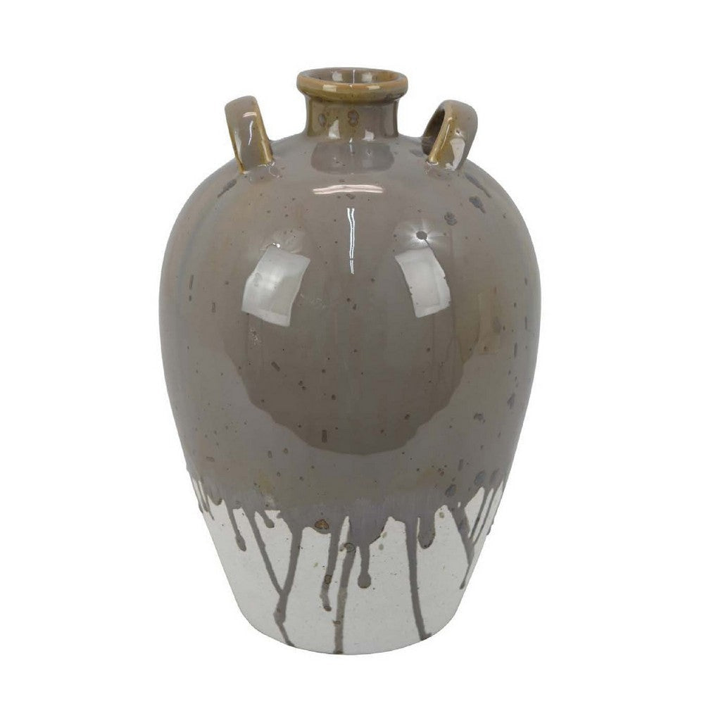 Caleb Accent Vase w Drip Pattern | Angled Handles Beige Gray Ceramic BM335075