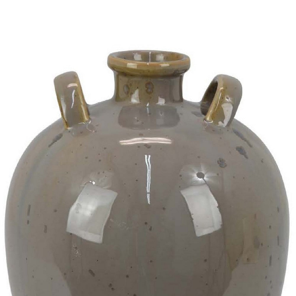 Caleb Accent Vase w Drip Pattern | Angled Handles Beige Gray Ceramic BM335075