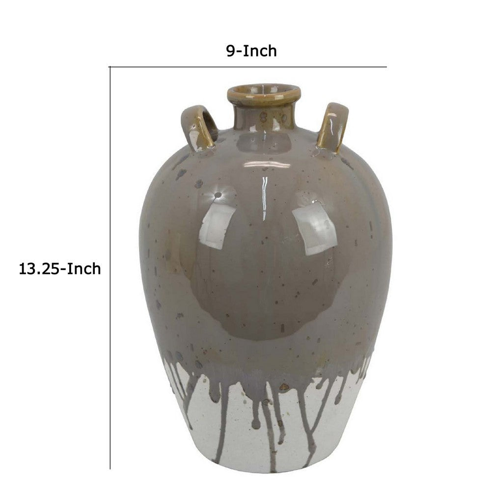 Caleb Accent Vase w Drip Pattern | Angled Handles Beige Gray Ceramic BM335075