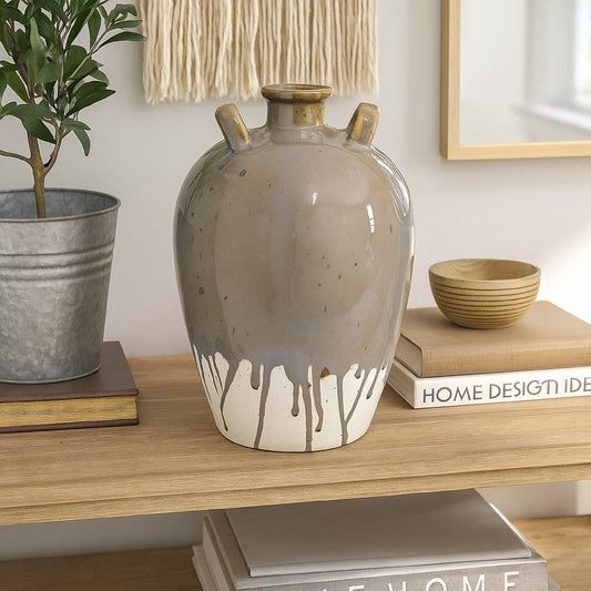 Caleb Accent Vase w Drip Pattern | Angled Handles Beige Gray Ceramic