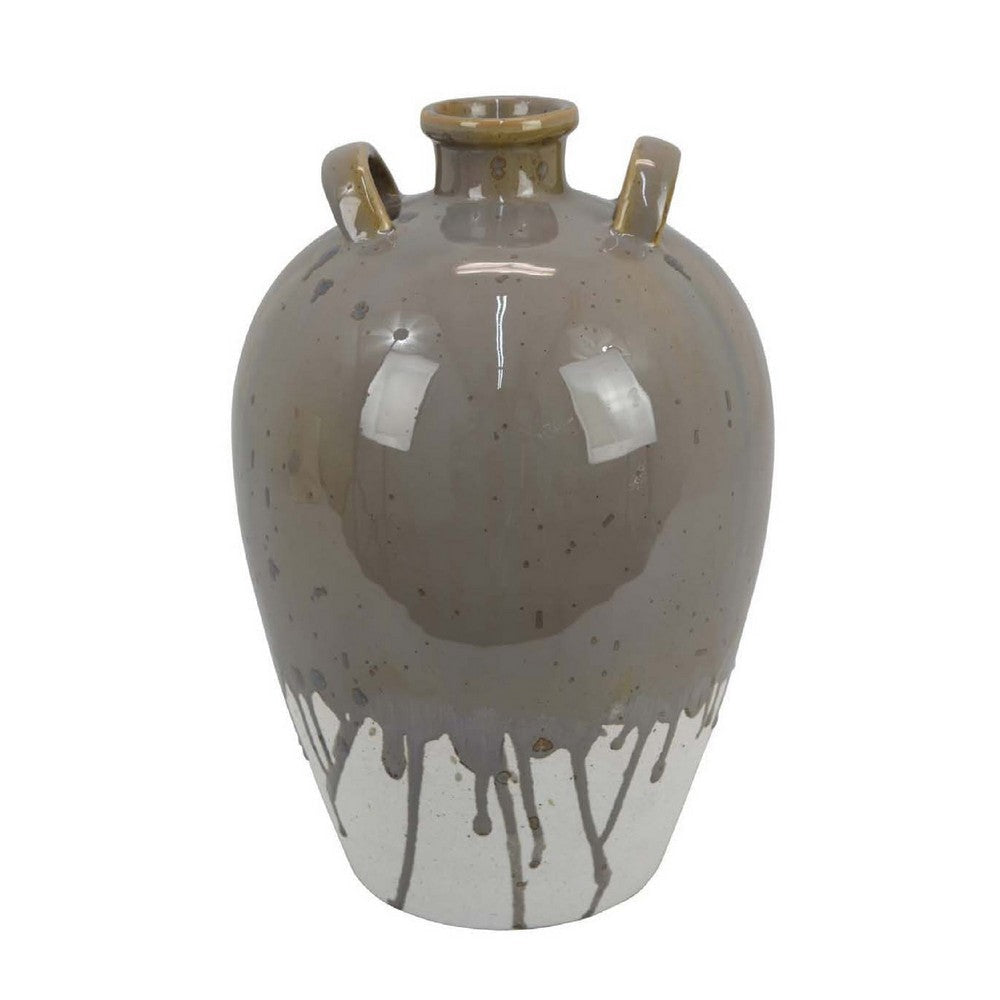 Caleb Accent Vase w Drip Pattern | Angled Handles Beige Gray Ceramic