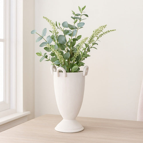 Fiji Accent Planter w Loop Handles | Pedestal White Ceramic 16"