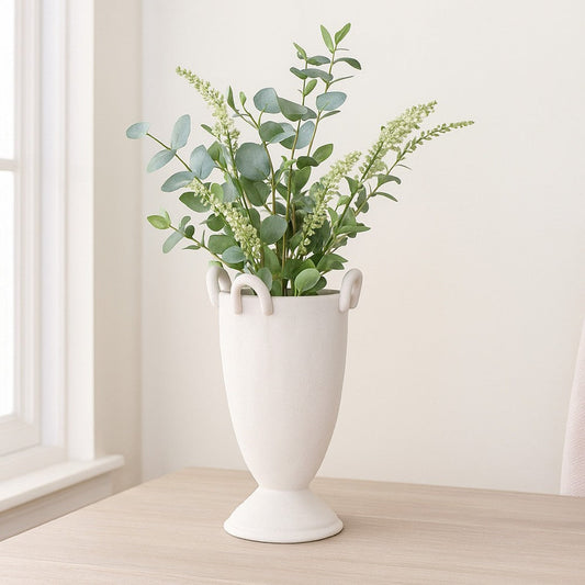 Fiji Accent Planter w Loop Handles | Pedestal White Ceramic 16"
