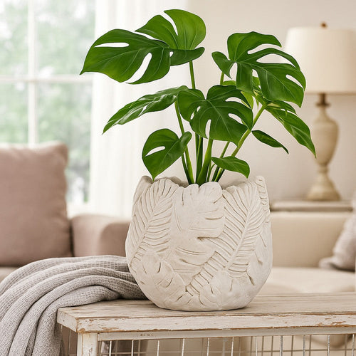 Sicily Accent Planter w Leaf Embossed Surface | Flared Edge Gray Resin