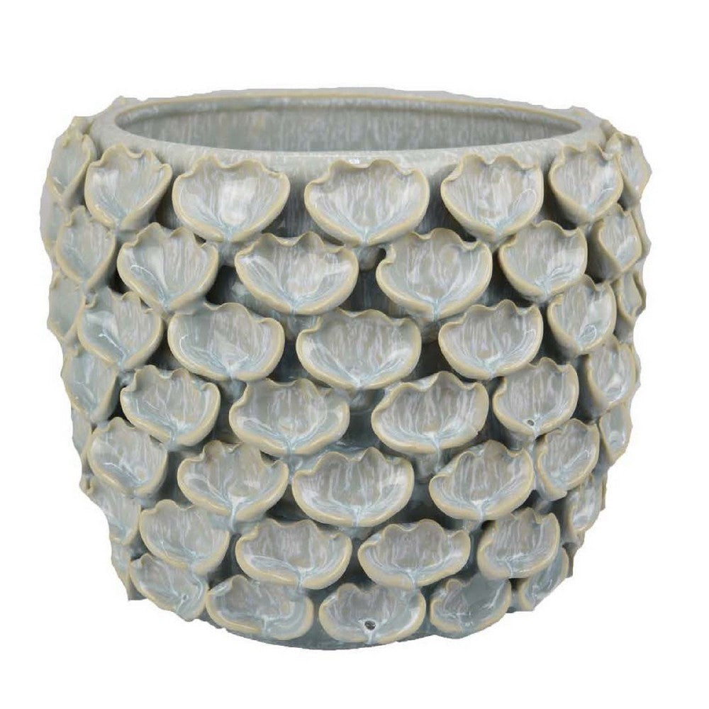 Aster Accent Planter w Raised Petal Pattern Blue Green Ceramic 10’’ BM335092