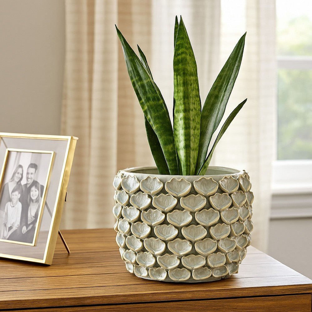 Aster Accent Planter w Raised Petal Pattern Blue Green Ceramic 10"