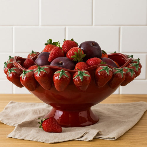 Randy Decorative Bowl | Sculpted Strawberry Rim | Glossy Red Ceramic