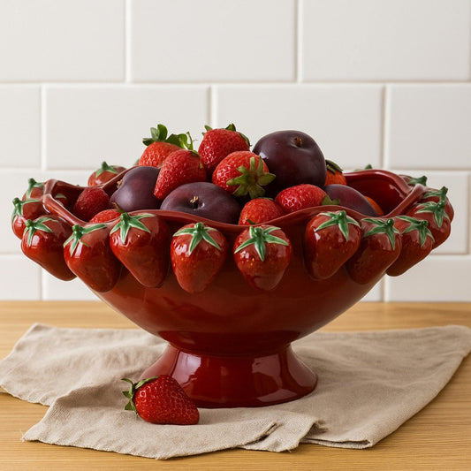 Randy Decorative Bowl | Sculpted Strawberry Rim | Glossy Red Ceramic