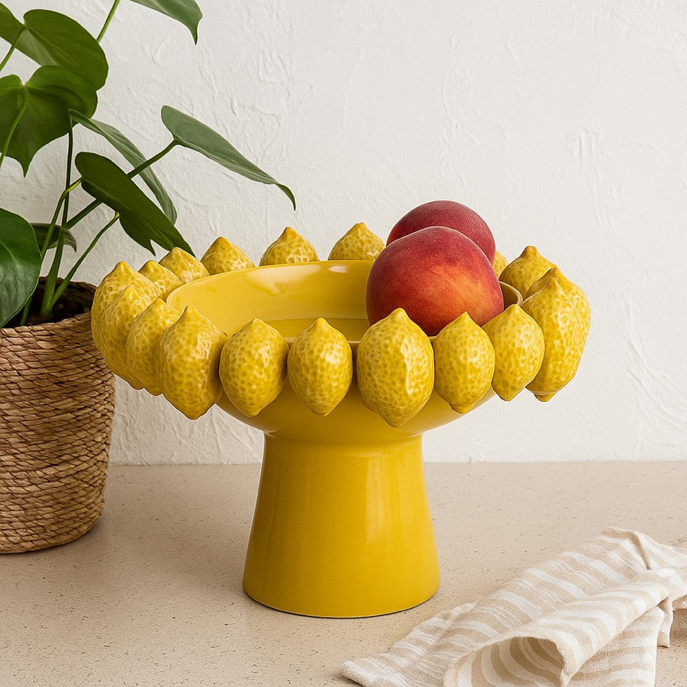 Rambo Decorative Bowl | Sculpted Lemon Motifs | Glazed Yellow Ceramic