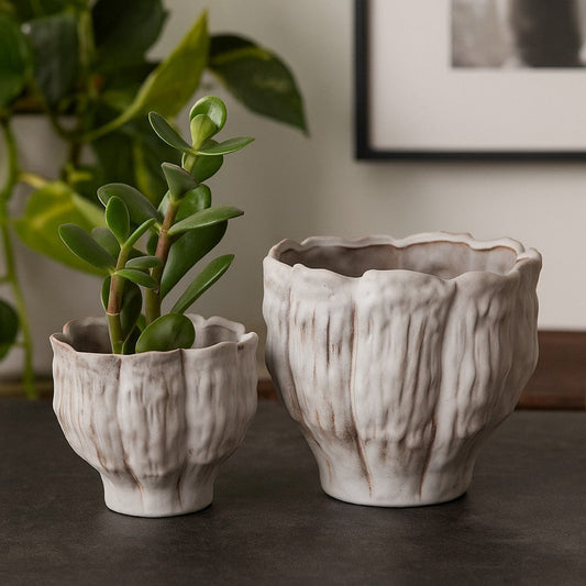 Maria Accent Planter Set of 2 | Scalloped Rim | Gray Textured Ceramic