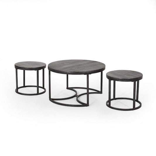 Gery 3pc Nesting Coffee and End Table Set | Gray Wood | Black Metal