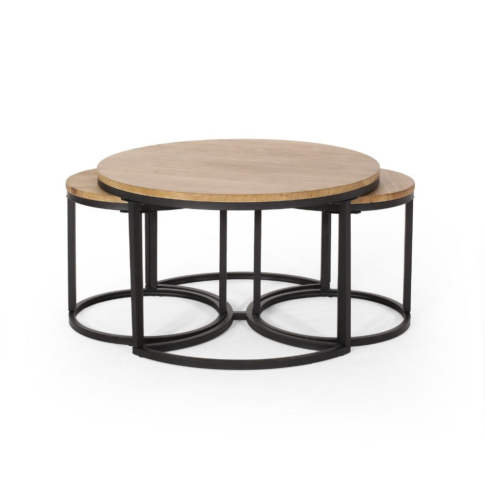 Gery 3pc Nesting Coffee and End Table Set | Brown Wood | Black Metal