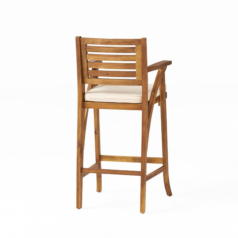 Olen Outdoor Barstool Chair Set of 2 | Beige Fabric | Brown Solid Wood